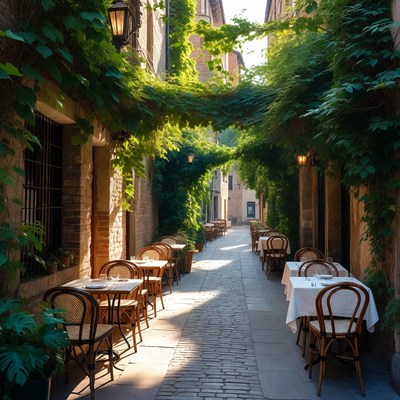 Narrow street lined with tables