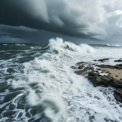 Waves crashing on rocky shore