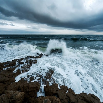 Waves crash on rocky shore