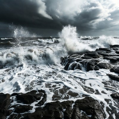 Waves crashing on rocky shore