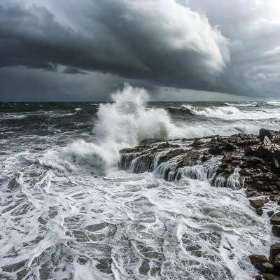 Waves crash against rocky shore
