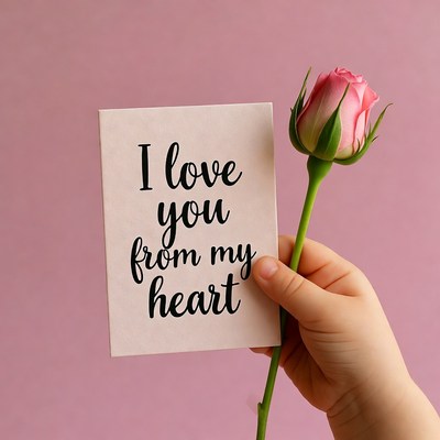 Hand with card and rose on pink