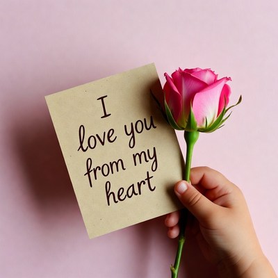 Holding a rose and a card with a message