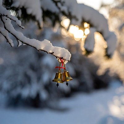 Bells hanging on snow-covered branch
