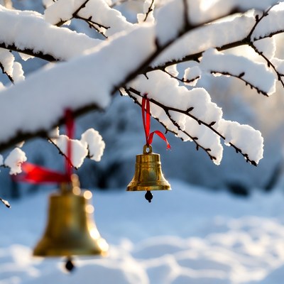 Winter bells hanging on snowy branches