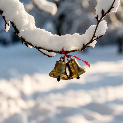 Bells hanging on a snowy branch