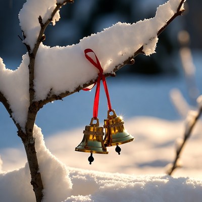Bells hanging from a snow-covered branch