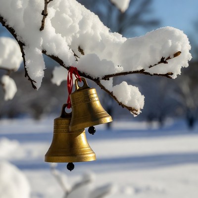 Golden bells hang on snowy tree branch