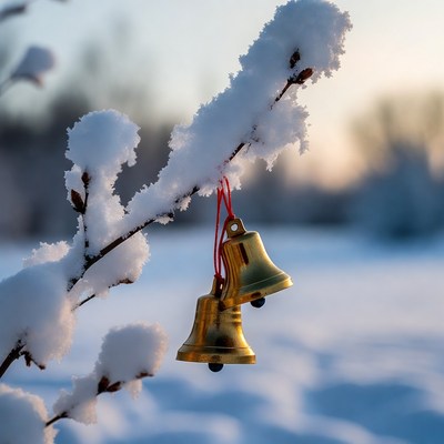 Bells hanging on a snowy branch