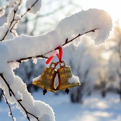 Snowy bells hang on a branch