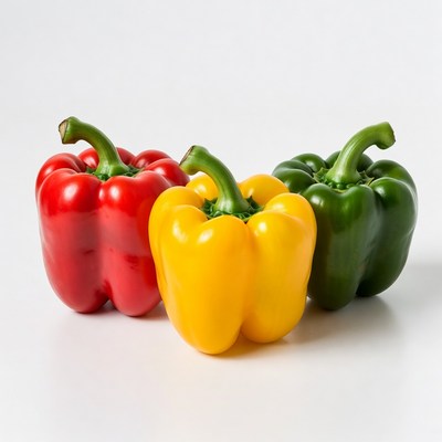 Colorful bell peppers on white surface