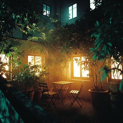 Cozy outdoor seating with plants at night