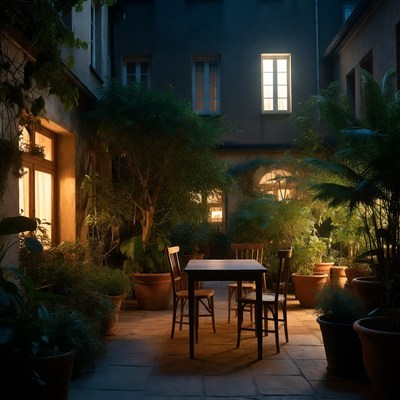 Evening in a quiet courtyard with plants