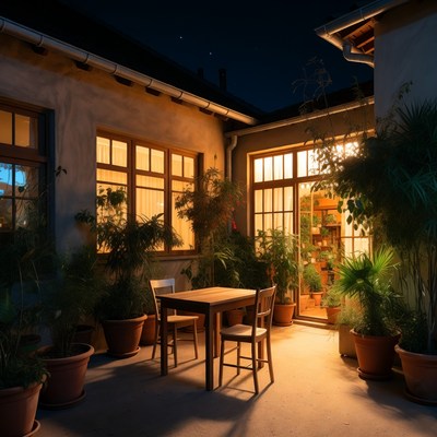 Evening at a light-filled courtyard with plants