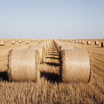 Fields with hay bales in sunlight