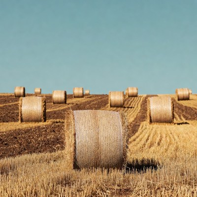 Bales in golden field under blue sky