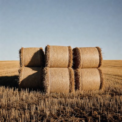 Bales stacked in an open field