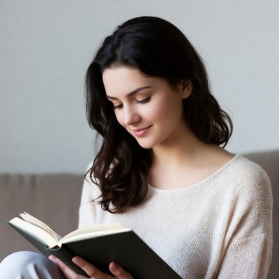 Woman reading a book at home