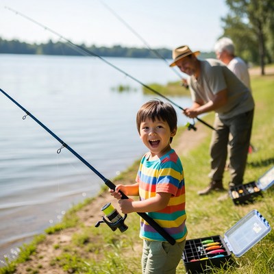 Family fishing by the lake on a sunny day