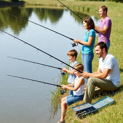Family fishing at the lake on a sunny day