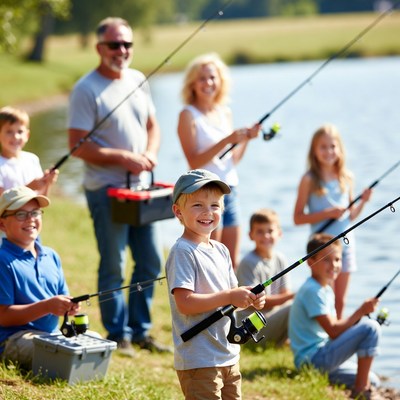 Family fishing day by the lake