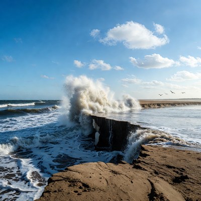 Waves crash on the shore