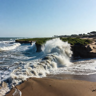 Waves crash on sandy shore