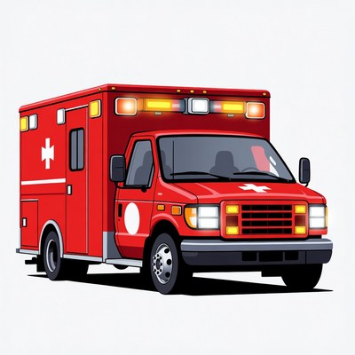 Red ambulance parked for service