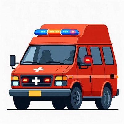 Red ambulance with emergency lights on