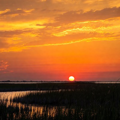 Sunset over calm water at marsh