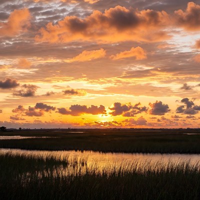 Sunset over marshy wetlands in summer