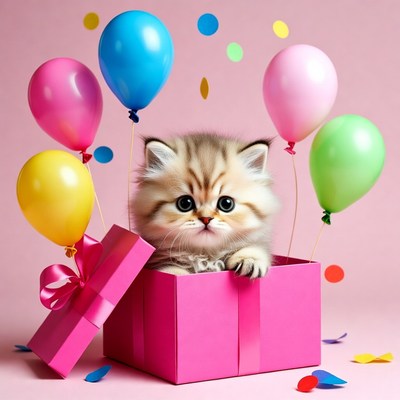 Cute kitten in gift box with balloons