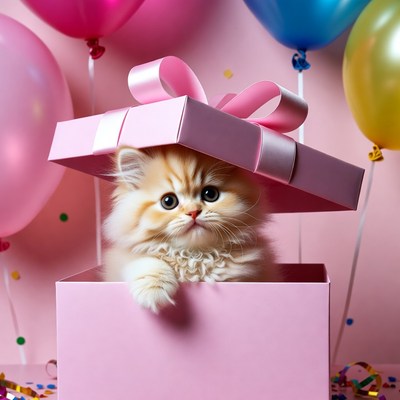 Kitten in a gift box with balloons