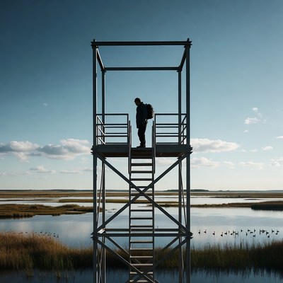 Person on observation tower by water