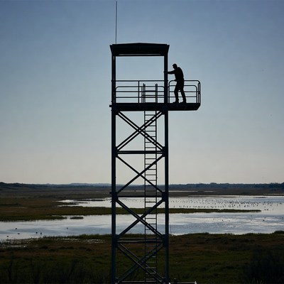 Observation tower with person at sunset