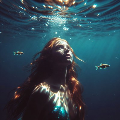Woman underwater with fish swimming around