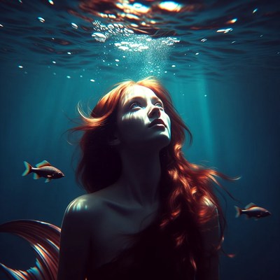 Model in water with fish swimming