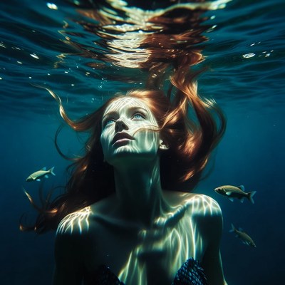 Woman swimming with fish underwater