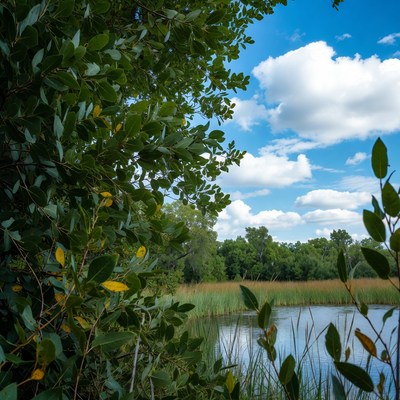 Bright blue sky over a calm pond