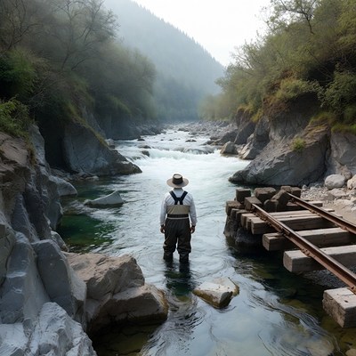 Man stands in river by rocky banks