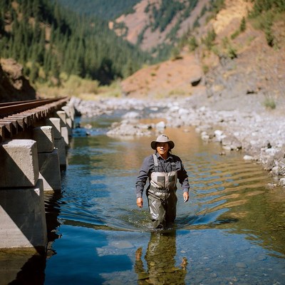 Man fishing in river near train tracks
