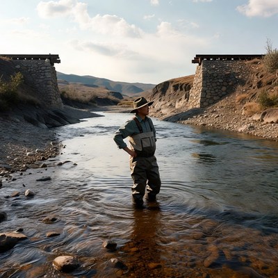 Fisherman stands in a river