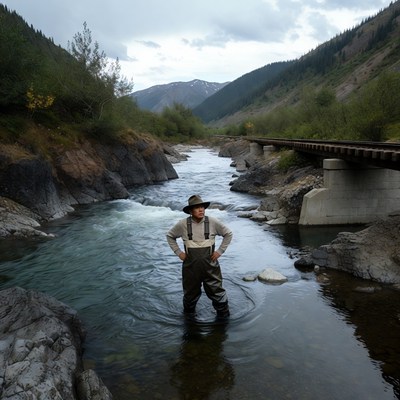 Angler stands in river near mountains