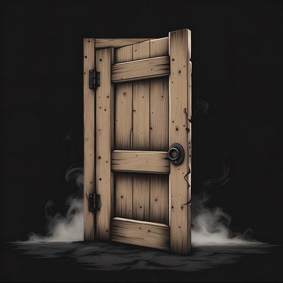Wooden door with smoke at night