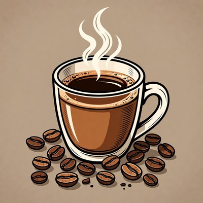 Coffee cup and beans steaming hot