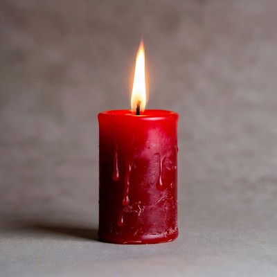 Red candle burning on a surface