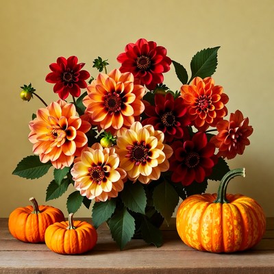 Flowers and pumpkins on a wooden table