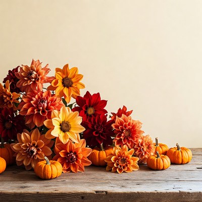 Fall flowers and pumpkins arrangement on table