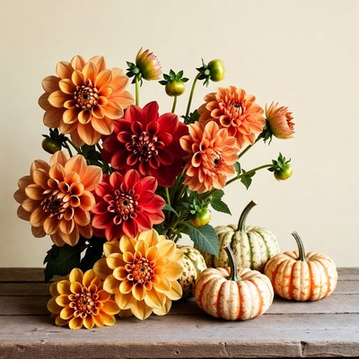Flowers and pumpkins arrangement display