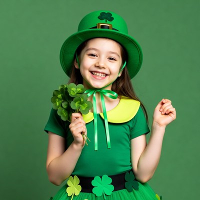 Little girl in green costume smiling